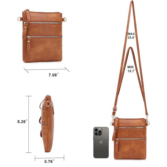 Brown Faux Leather Crossbody – Gold Zipper Detail, Compact & Stylish - Picture 2 of 6